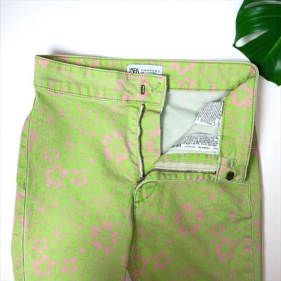 Zara 70's Retro Lime Green Mod Floral Print Flare Jeans - Picture 7 of 10